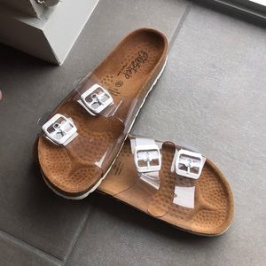 clear birkenstock style sandals